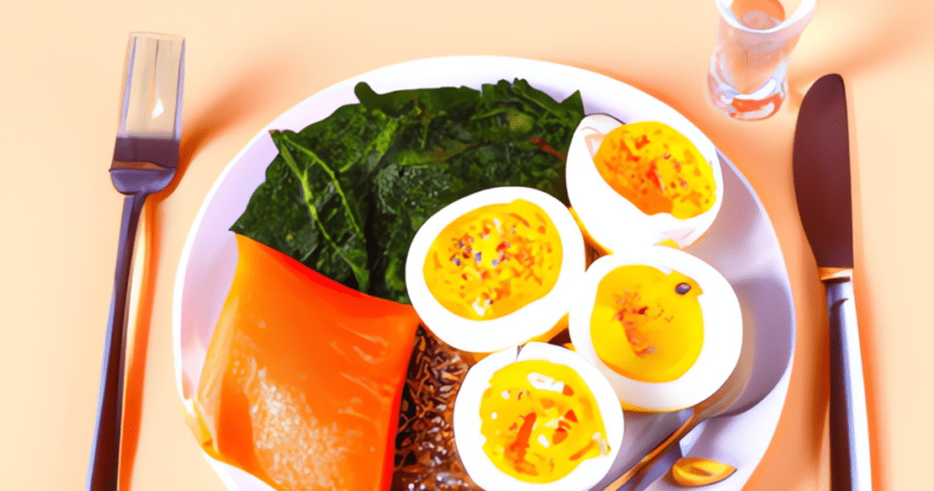 A plate containing boiled eggs cut in half, green leafy vegetable, nuts, and salmon.