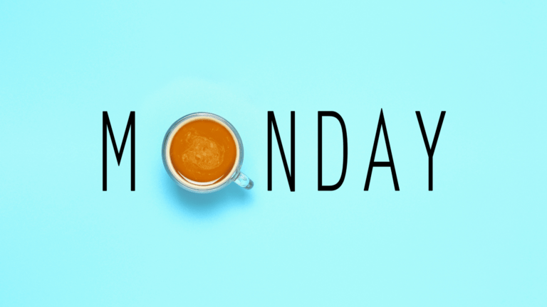 A cup of coffee on a **blue** background with the word **Monday**.