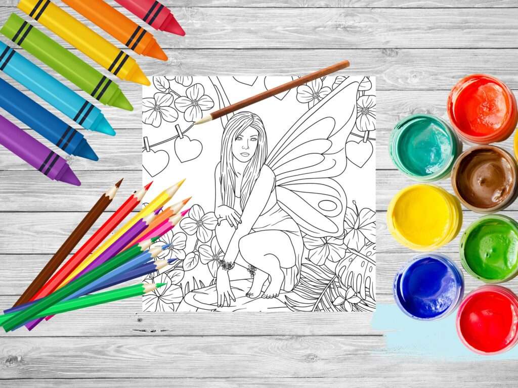 A fairy coloring page with crayons and colored pencils.