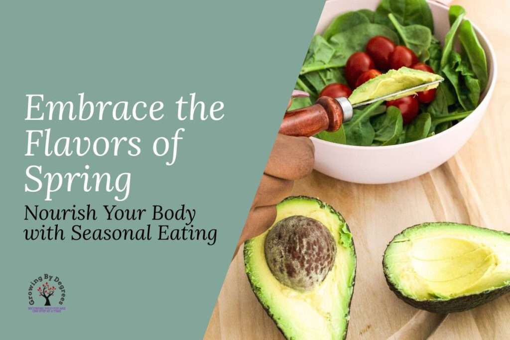 A promotional image featuring a bowl of salad with spinach and tomatoes, and a cutting board with sliced avocado halves. Text on the image reads "Embrace the Flavors of Spring" and "Nourish Your Body with Seasonal Eating.